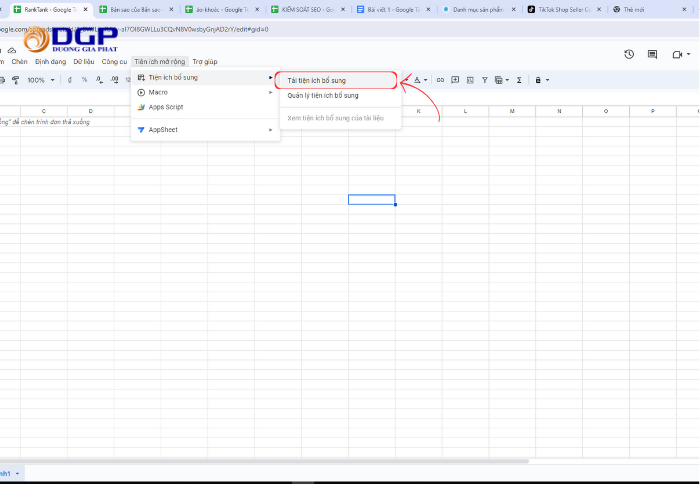 Mở Google trang tính và vào mục tiện ích mở rộng