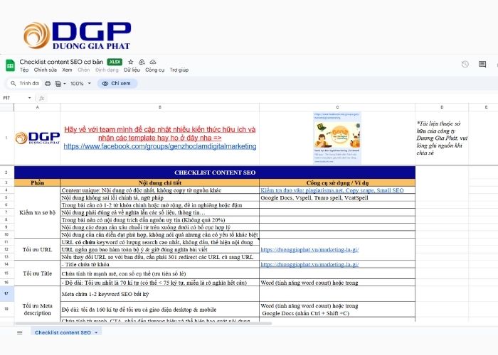 Mẫu checklist content SEO từ Dương Gia Phát Mẫu checklist content SEO từ Dương Gia Phát