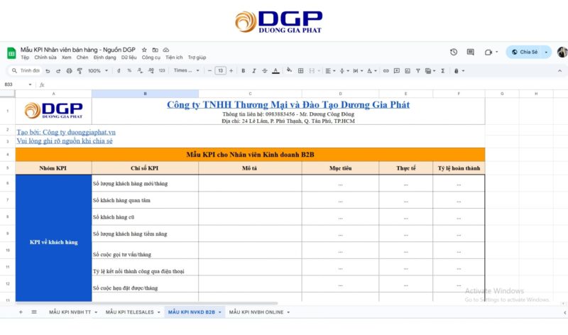 Mẫu KPI cho nhân viên Kinh doanh B2B