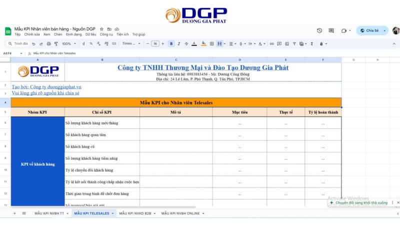 Mẫu KPI cho nhân viên Telesales