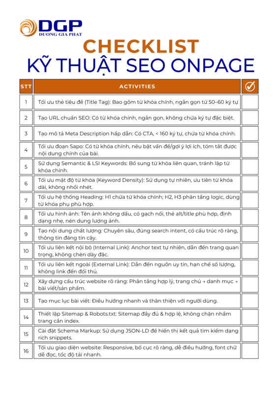 Mẫu checklist kỹ thuật SEOonpage dành cho website