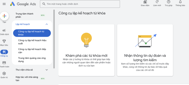 Keyword Planner của Google giúp tìm ý tưởng từ khóa, xem lượt tìm kiếm, mức cạnh tranh và ước lượng chi phí quảng cáo.