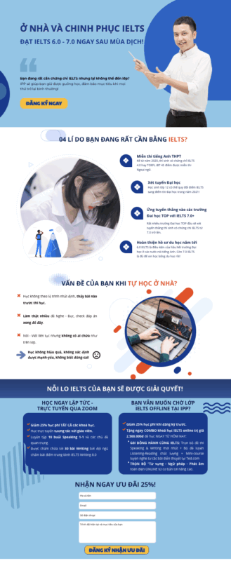 Landing page khóa học IELTS cấp tốc tập trung thông tin khóa học, học phí ưu đãi và form đăng ký để tăng tỷ lệ chuyển đổi.