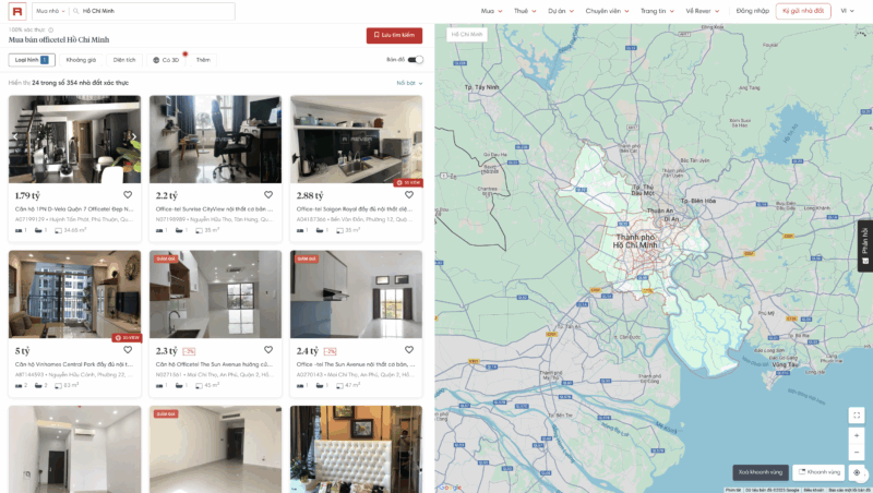Giao diện website sàn giao dịch bất động sản với bộ lọc tìm kiếm chi tiết.
