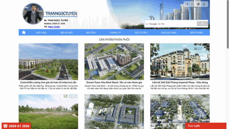 Giao diện website môi giới cá nhân với ảnh đại diện, dự án và form liên hệ nhanh.